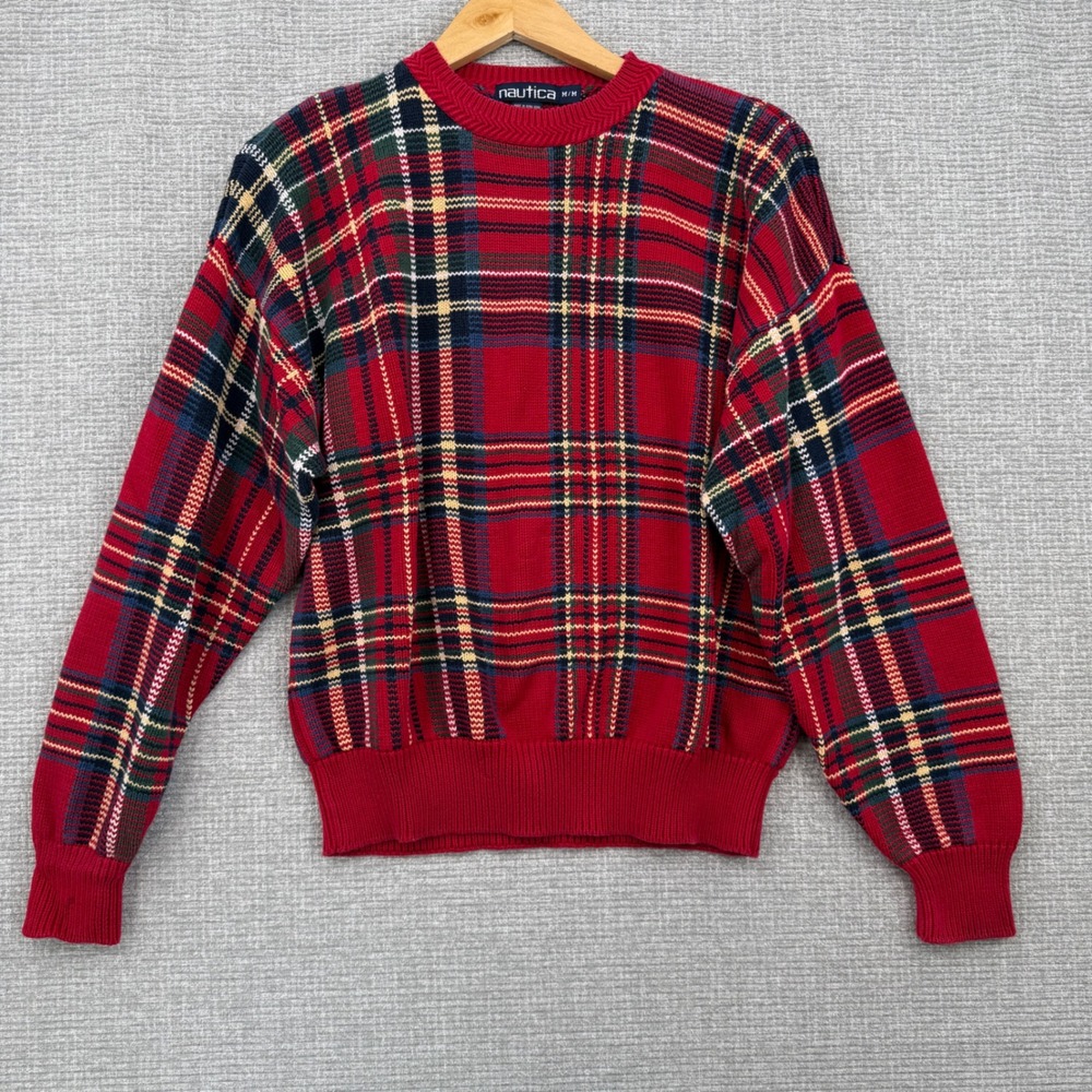 Vtg Y2K Nautica‎ Men's M Oversized Red Plaid Grandpa Long Sleeve Cotton Sweater